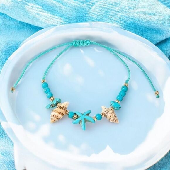 Turquoise Starfish Shell Beaded String Charm Bracelet Adjustable Summer Beach - Picture 2 of 3